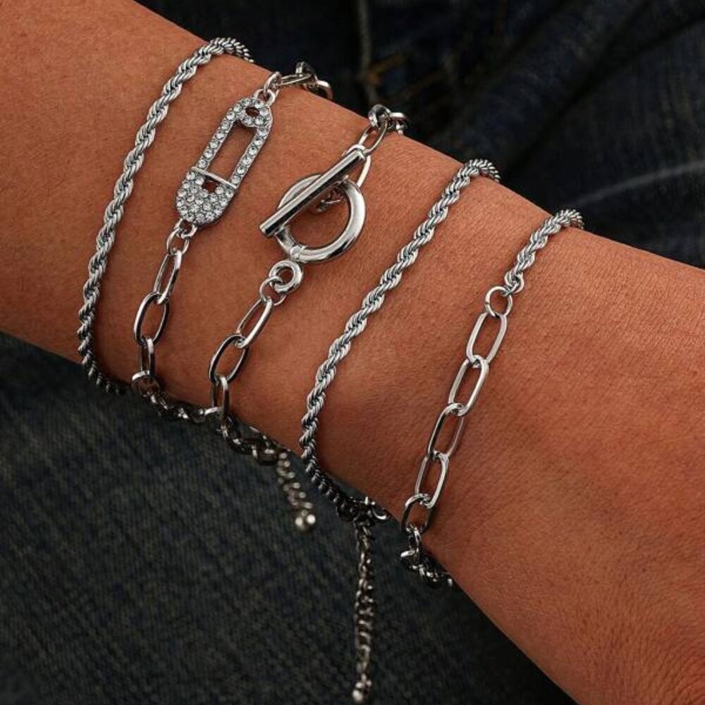 Silver Layered Chain Bracelet Set (4-Piece)